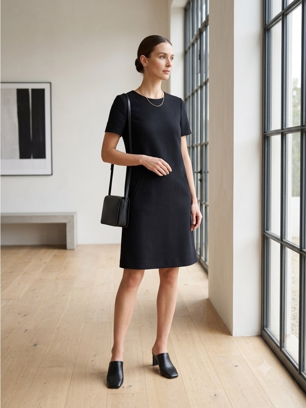 Marc Cain Black Virgin Wool Cashmere Short Sleeve Shift Dress - US 4 (N2)